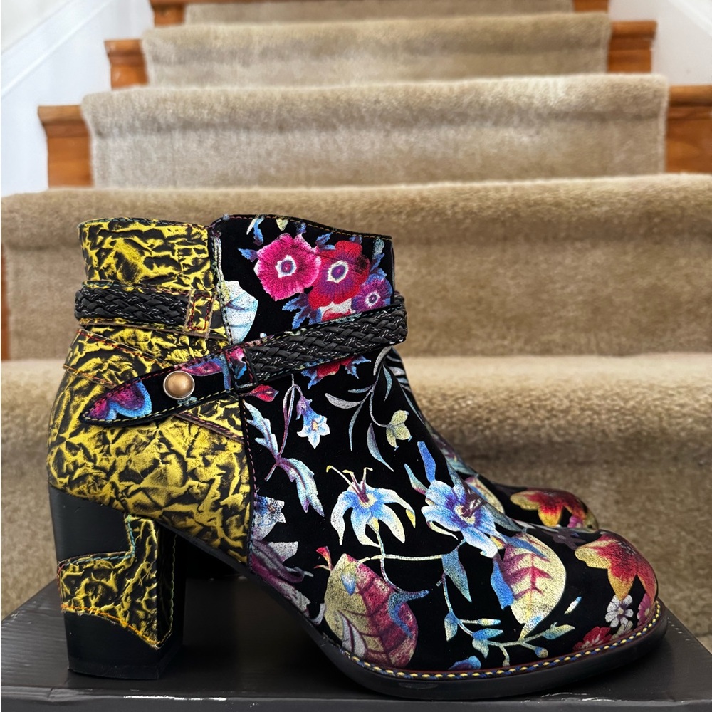 Floral Ankle Boots - Black, Blue, Red and Yellow